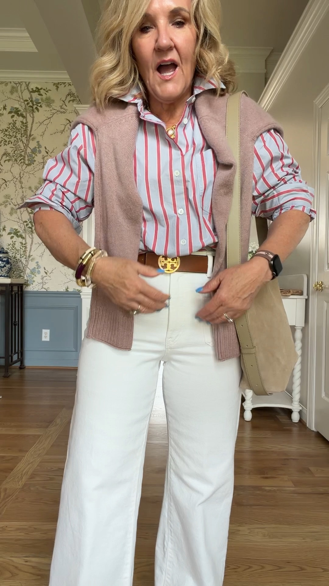 Jeans size 29 short size up if inbetween 
Shirt size small
Cashmere size medium 

#LTKOver40  #LTKSeasonal

#LTKPetite #LTKootd