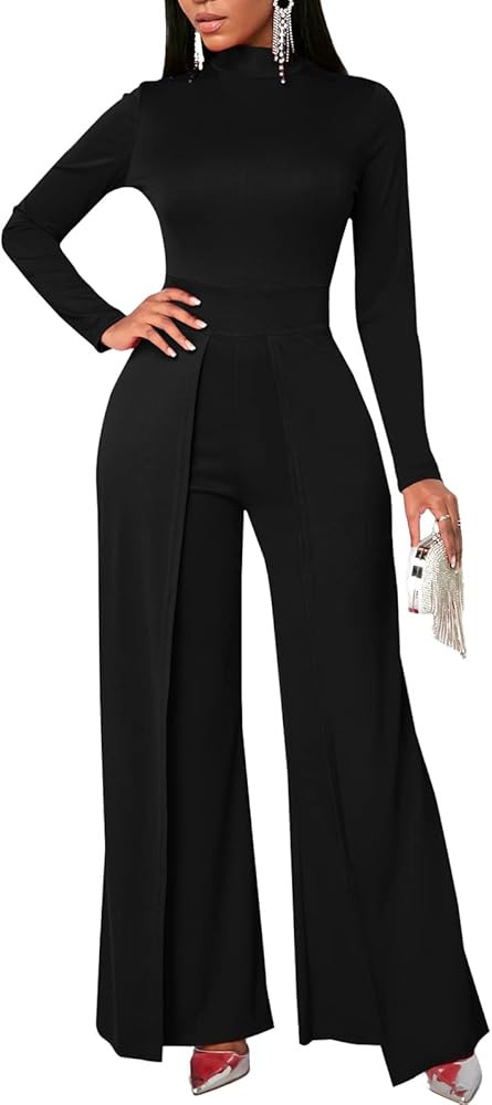Women's Wide Leg Jumpsuits Outfits Casual One Piece Long Sleeve Overlay Pants Rompers | Amazon (US)