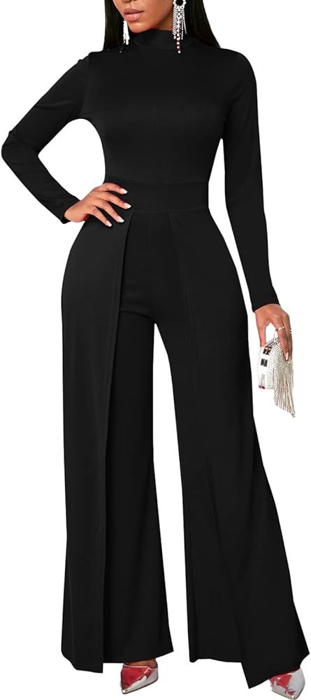 Women's Wide Leg Jumpsuits Outfits Casual One Piece Long Sleeve Overlay Pants Rompers | Amazon (US)
