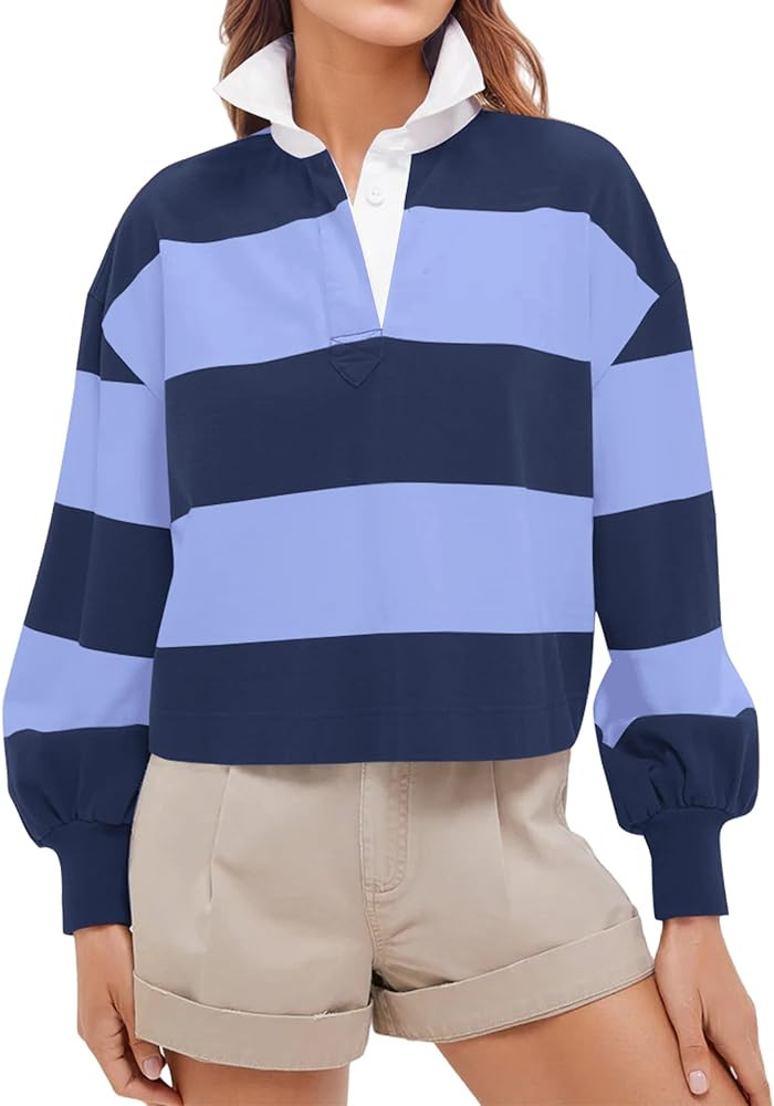 Womens Striped Color Block Polo Sweatshirt Y2k Long Sleeve Lapel Collar Rugby Shirt Button V Neck... | Amazon (US)