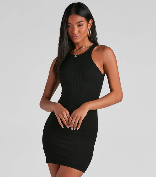 Ribbed Knit Crew Neck Bodycon Mini Dress | Windsor Stores