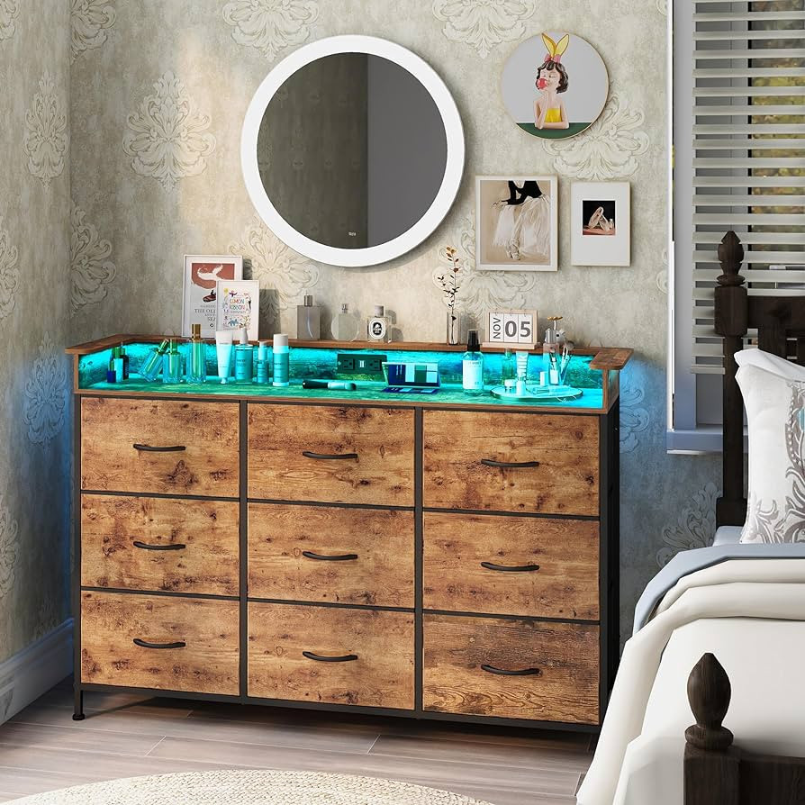 EXOTICA Industrial Dresser for Bedroom with Charging Station and LED Light Fabric Storage Dresser... | Amazon (US)