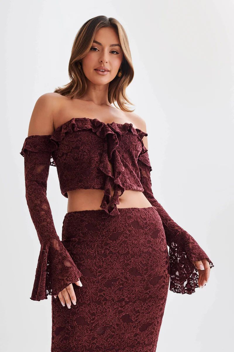 Artemis Lace Plisse Off Shoulder Top - Plum | MESHKI US