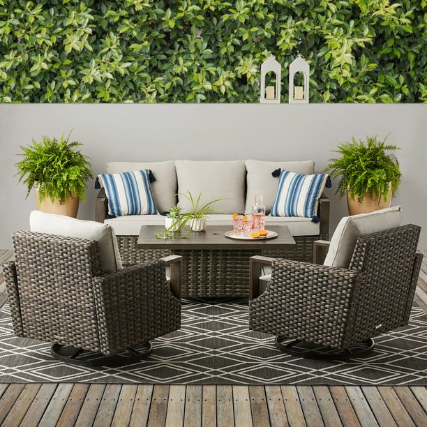 Better Homes & Gardens Sandcrest Seagrass Outdoor Wicker 4 Piece Conversation Set with Adjustable... | Walmart (US)
