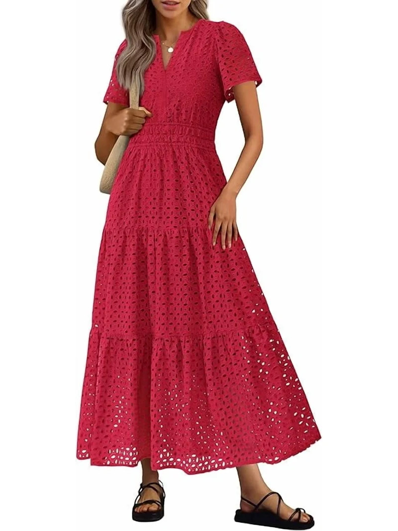 PRETTYGARDEN Womens Summer Maxi Dress Short Sleeve V Neck Hollow Out Eyelet A Line Long Flowy Bea... | Walmart (US)