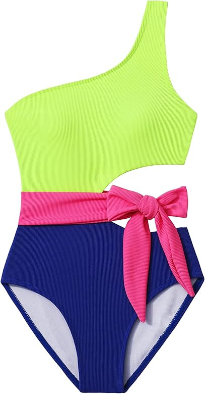 ADIFUN Girl One Piece Swimsuit, Bathing Suit Girls 7-14T with Color Block Drawstring Waist Ties C... | Amazon (US)