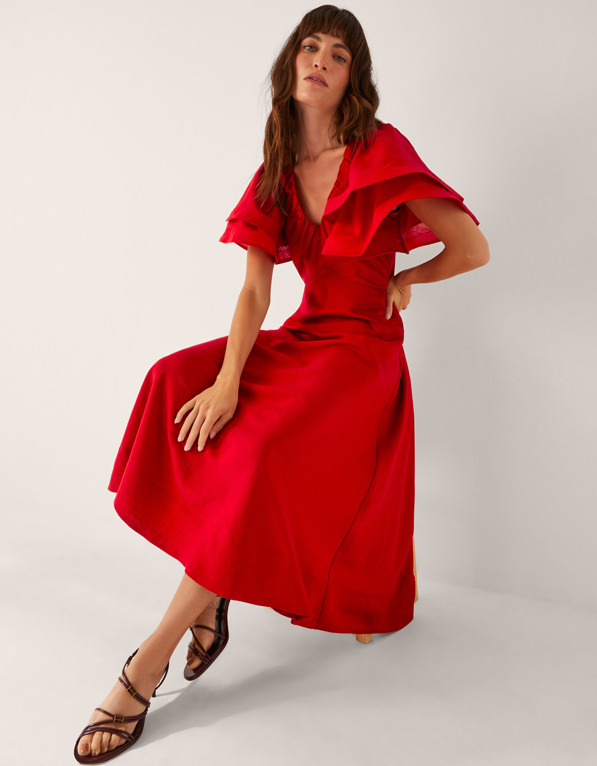 Patricia Ruffle Sleeve Midi Dress Red | Monsoon (UK)