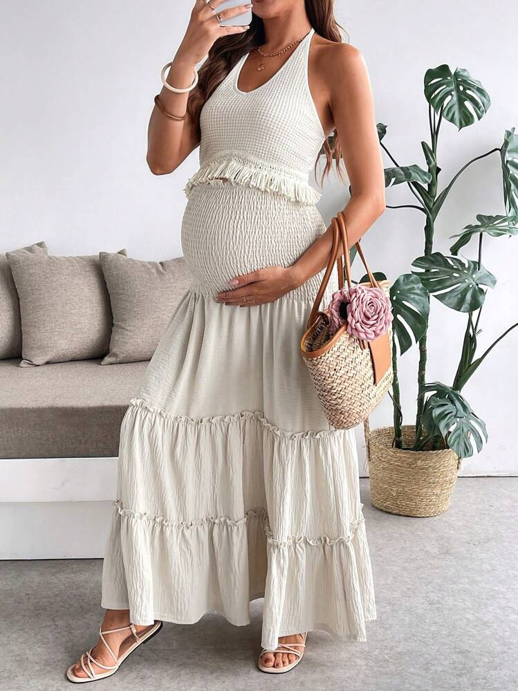 SHEIN 2pcs Maternity Set: Shirred Backless Tassel Trim Casual Top & High Waist Skirt | SHEIN