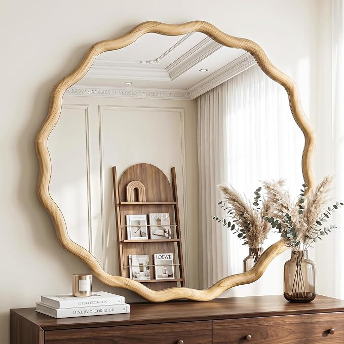 FICTOR Round Wood Wall Mirror, 36" Boho Wavy Circle Mirror | Amazon (US)