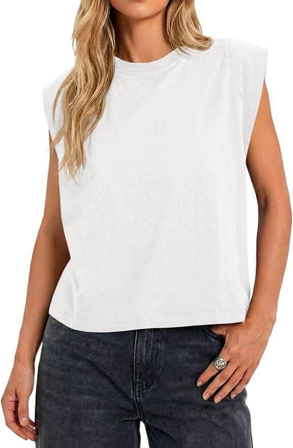 Tankaneo Womens Summer Cap Sleeve Tank Tops Trendy Casual Sleeveless Shirts Crew Neck Loose Fit B... | Amazon (US)