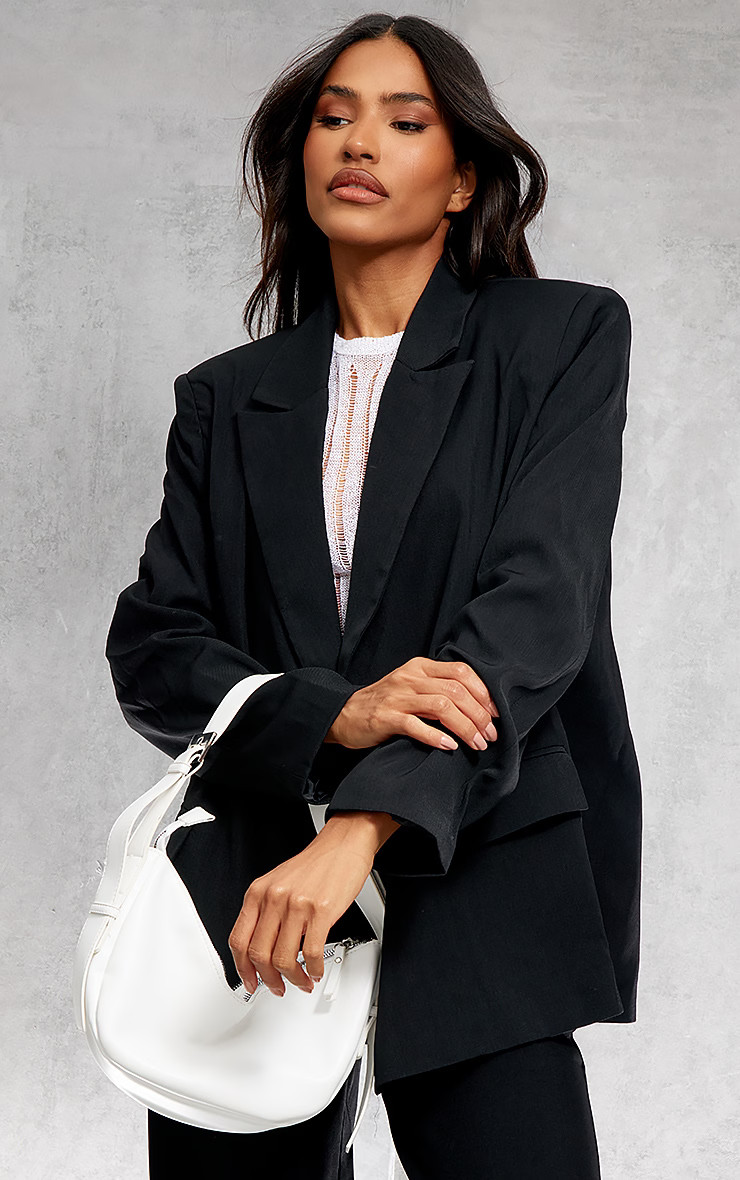 Black Woven Extreme Oversized Shoulder Pad Pocket Blazer | PrettyLittleThing US