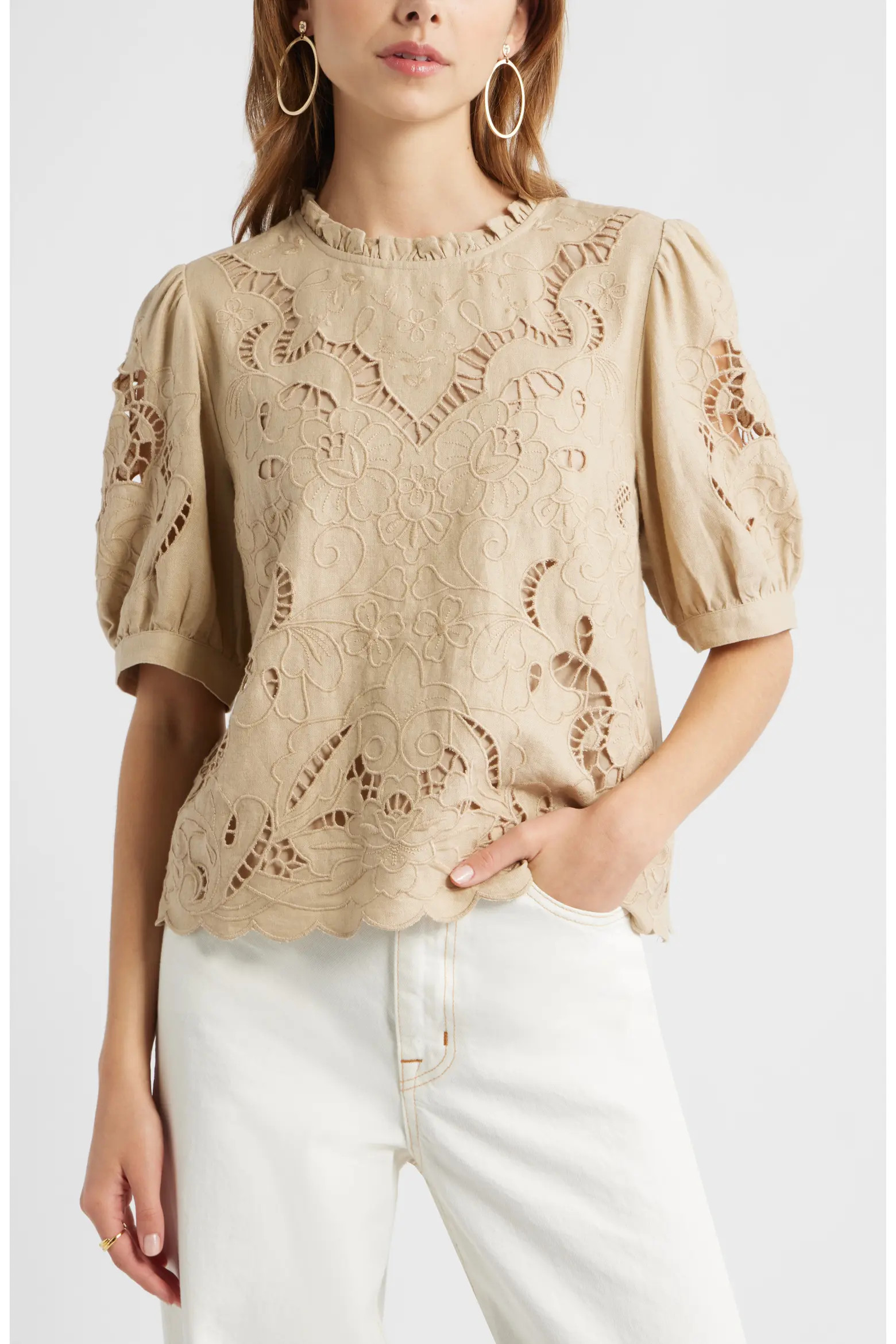 Treasure & Bond Embroidered Cutwork Puff Sleeve Linen Blend Top (Women) | Nordstrom | Nordstrom