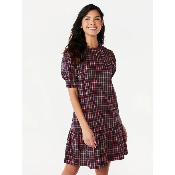 Free Assembly Women's Ruffle Neck Mini Dress with Short Sleeves, Sizes XS-XXL - Walmart.com | Walmart (US)