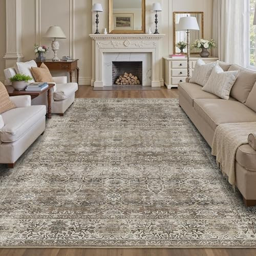 8x10 Washable Area Rug Grey Brown Vintage Rug for Living Room Bedroom Low Pile Soft Non-Slip Boho Rug for Under Table Boho Distressed Retro Carpet for Bedroom Kitchen Office Dining | Amazon (US)