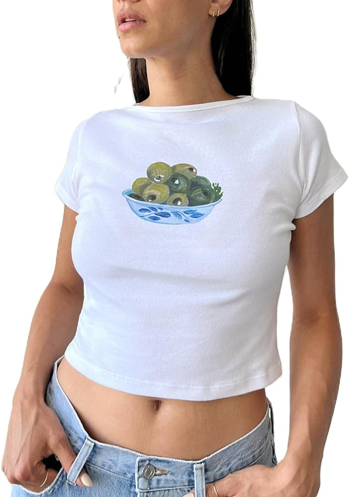 Women's Short Sleeve Y2K Baby Tees E-Girls Cute Graphic Print Crop Tops Slim Fit T Shirts Retro V... | Amazon (US)