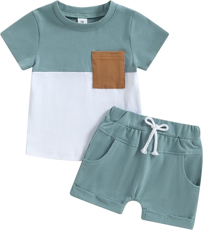 Toddler Boys Clothes Baby Boy Outfits Summer Short Sleeve Contrast Color Shirt Top Solid Drawstri... | Amazon (US)