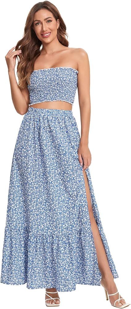 Floerns Women's Summer Printed 2 Piece Outfit Crop Tube Tops and Split Long Skirt Set | Amazon (US)