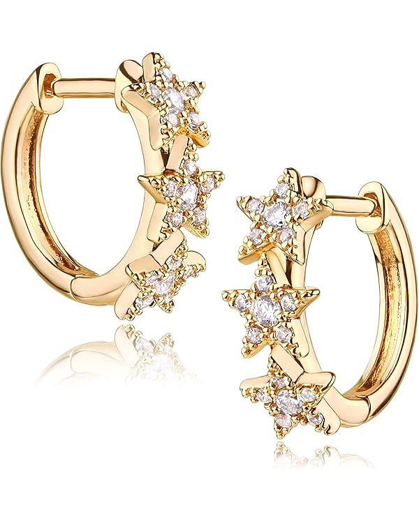 Mevecco 18K Gold Plated Huggie Earrings with Shining Cubic Zriconia Geometry Beads Star Hoop Earr... | Amazon (US)