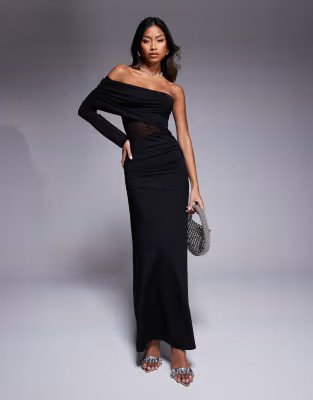 ASOS DESIGN asymmetric one shoulder maxi dress with mesh cut out in black | ASOS (Global)
