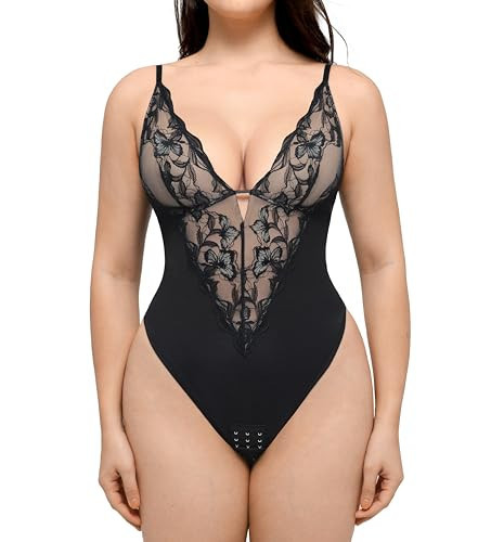 FeelinGirl Lace Shapewear Bodysuit Tummy Control Women V Neck Body Suit Thongs Blackless Sleeveless Tank Tops | Amazon (US)
