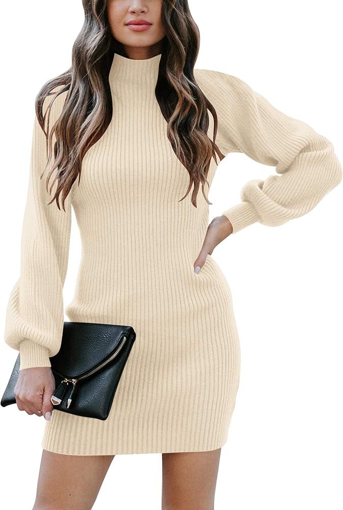 Women Turtleneck Long Sleeve Knit Pullover Sweater Bodycon Mini Dress | Amazon (US)