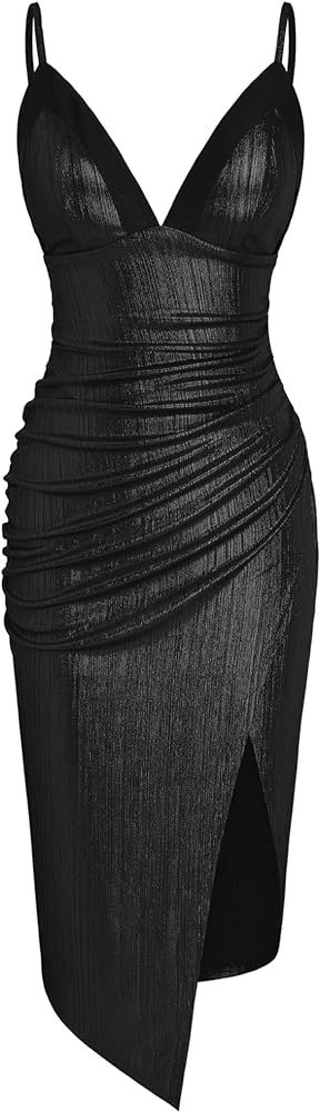 Women's Midi Dress - Party/Clubbing, Metallic V Neck Solid Ruched Midi Dress | Amazon (US)