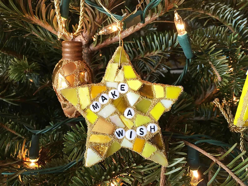 Make a Wish Mosaic Star Ornament Christmas Holiday Decor Yellow Gold Amber Metallic Iridized Lett... | Etsy (US)