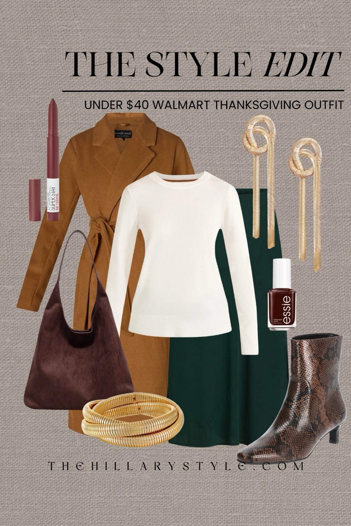 The Style Edit: Walmart Thanksgiving Outfit Under $40
Green slip skirt, midi skirt, crew neck sweater, tie waste coat, brown snake boots, brown hobo bag, chocolate bag, gold bracelet stack, gold drop earrings, lip color, brown nail polish. Thanksgiving outfit, slip skirt outfit, casual outfit, fall outfit, winter outfit, holiday outfit.

#LTKFindsUnder50 #LTKStyleTip #LTKHoliday