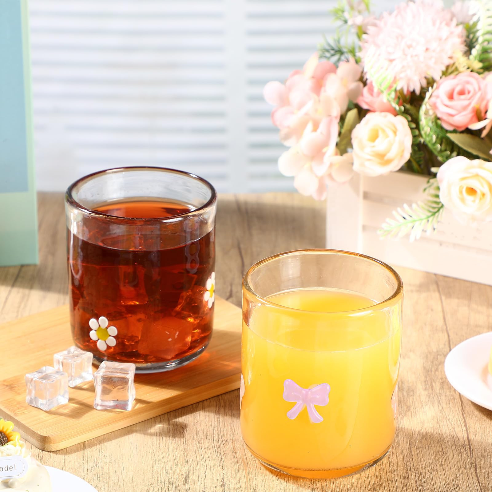 Skylety 2 Pack Icon Glass Cups Pink Bow Coquette and Daisy Flower Cups 14 Ounce Aesthetic Double ... | Amazon (US)