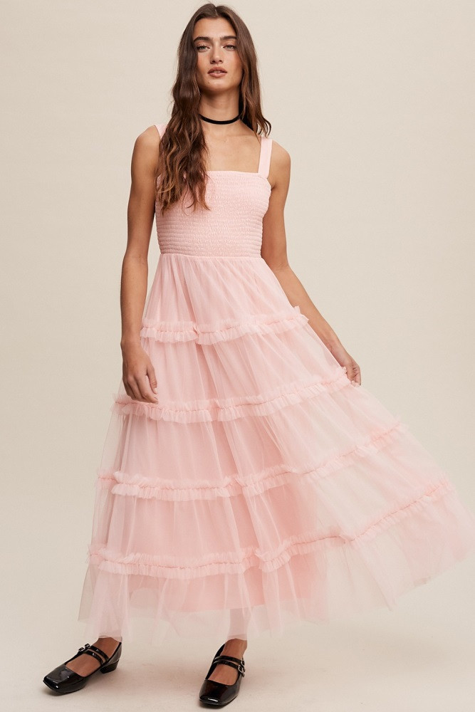 Light Pink Smocked Ruffle Tiered Tulle Midi Dress | PinkBlush Maternity