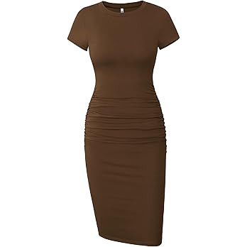 Missufe Women's Short Sleeve Ruched Casual Sundress Midi Bodycon T Shirt Dress | Amazon (US)