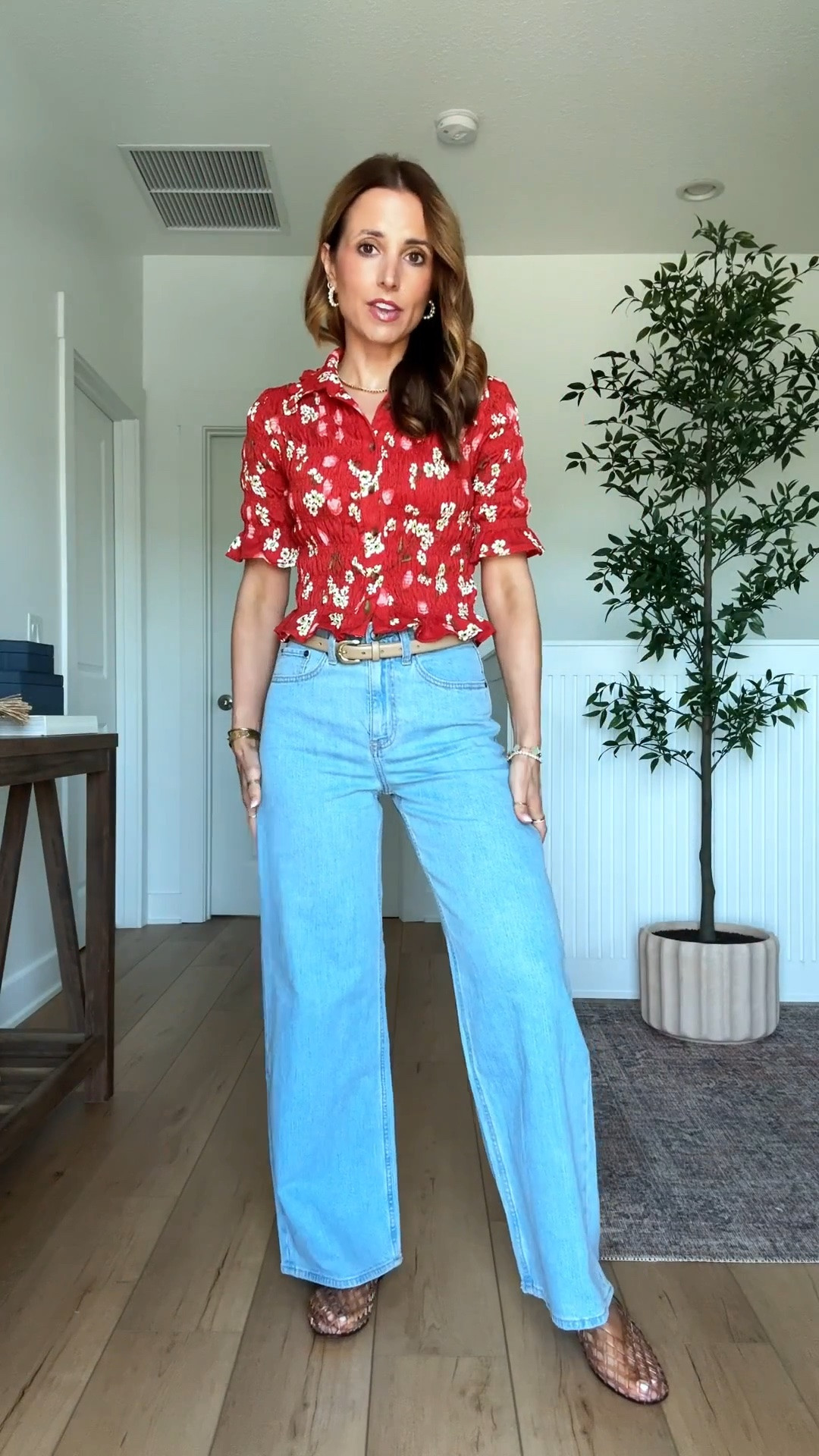 Abercrombie linen-blend wide-leg jeans in 24 short, regular style but comes in a curve love option, too. Anthropologie top in XXS. Spring outfit. Elevated casual outfit. Mom outfit. Jelly ballet flats are whole sizes only - I’m a 6.5 and do a 6 per reviews.