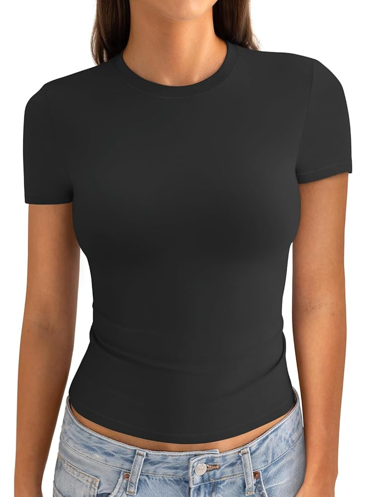 Womens Cotton Crew Neck Short Sleeve Shirts Summer Top Fashion Round Neck Crop Tops Basic Going O... | Amazon (US)