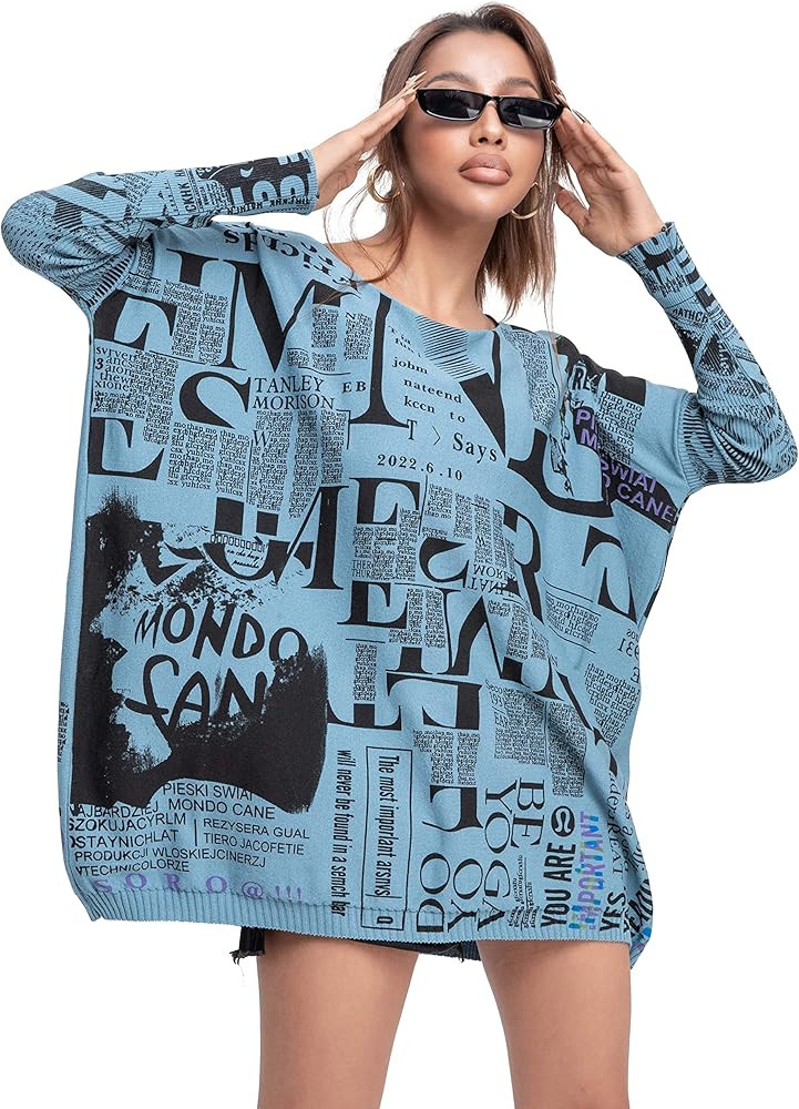 ellazhu Women's Off-Shoulder Long-Sleeved Cute Newspaper Printed Pullover Oversized Sweater Shirt... | Amazon (US)