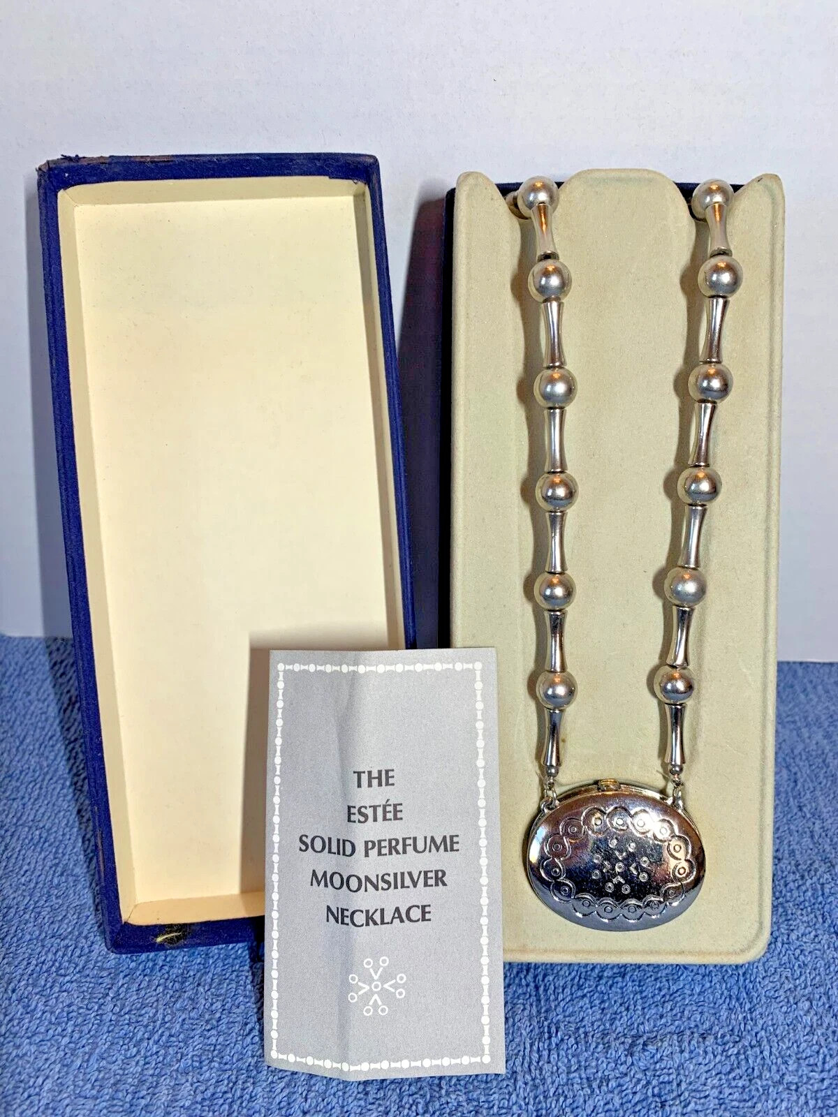 VTG Estée Lauder Solid Perfume Moonsilver Compact Pendant Necklace in Orig. Box | eBay US
