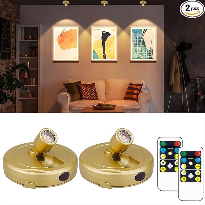 2Pack Battery Spotlight with Remote Gold, Wireless Led Picture Lights Painting Light for Wall Art... | Amazon (US)