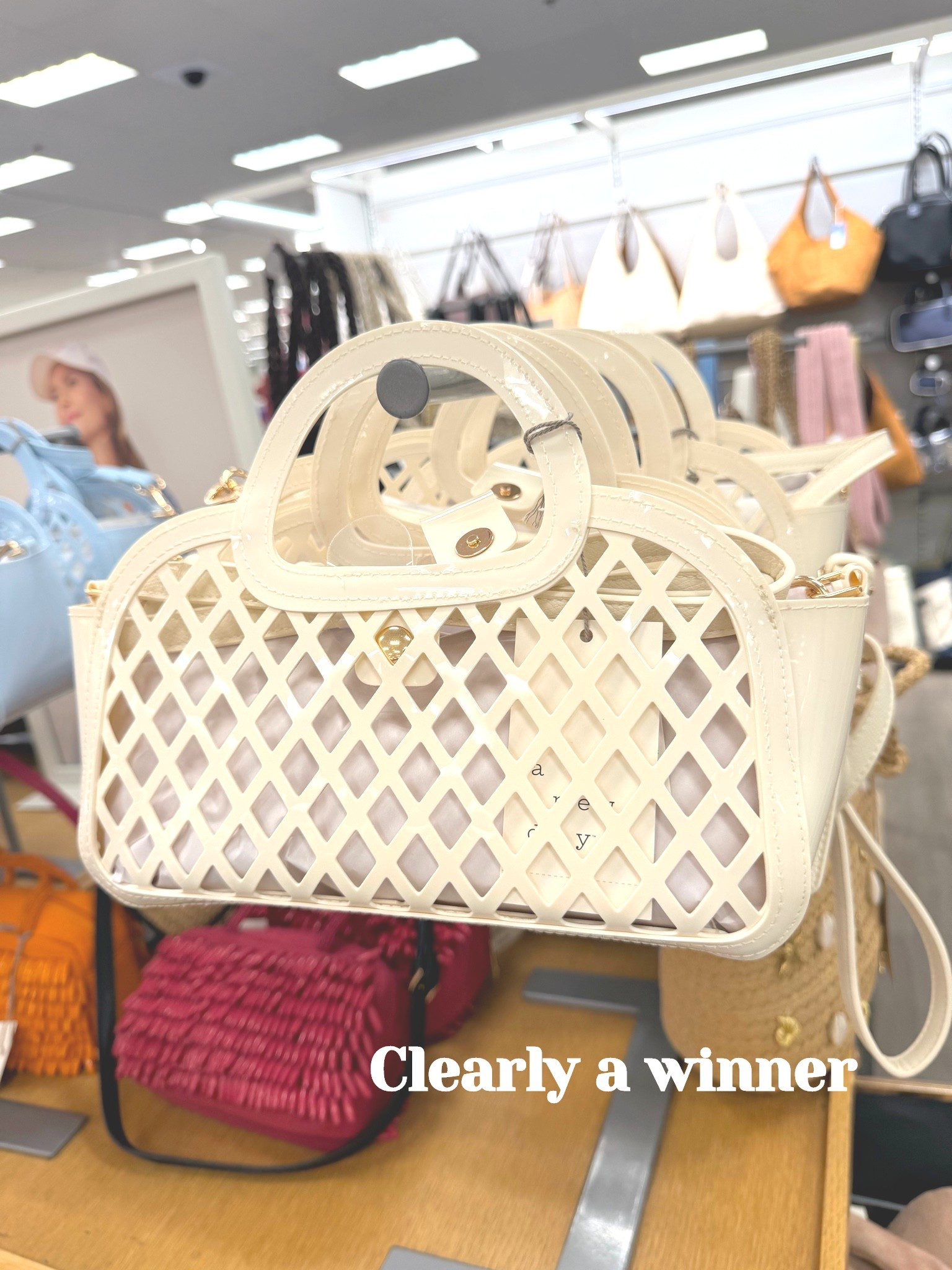 Check out the latest summer bags at Target! Clearly a winner! 
Jelly Mini Cage Tote Crossbody Bag - A New Day™ Cream
#target #targetstyle #anewday #newattarget #jellybag #summerbags #summeraccessories #crossbodybags

#LTKootd #LTKTravel #LTKgrwm