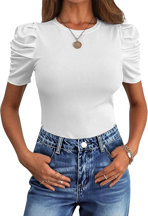 ANRABESS Women Puff Short Sleeve Crewneck Dressy Casual Tops Summer Fitted Ribbed Knit Trendy Wor... | Amazon (US)