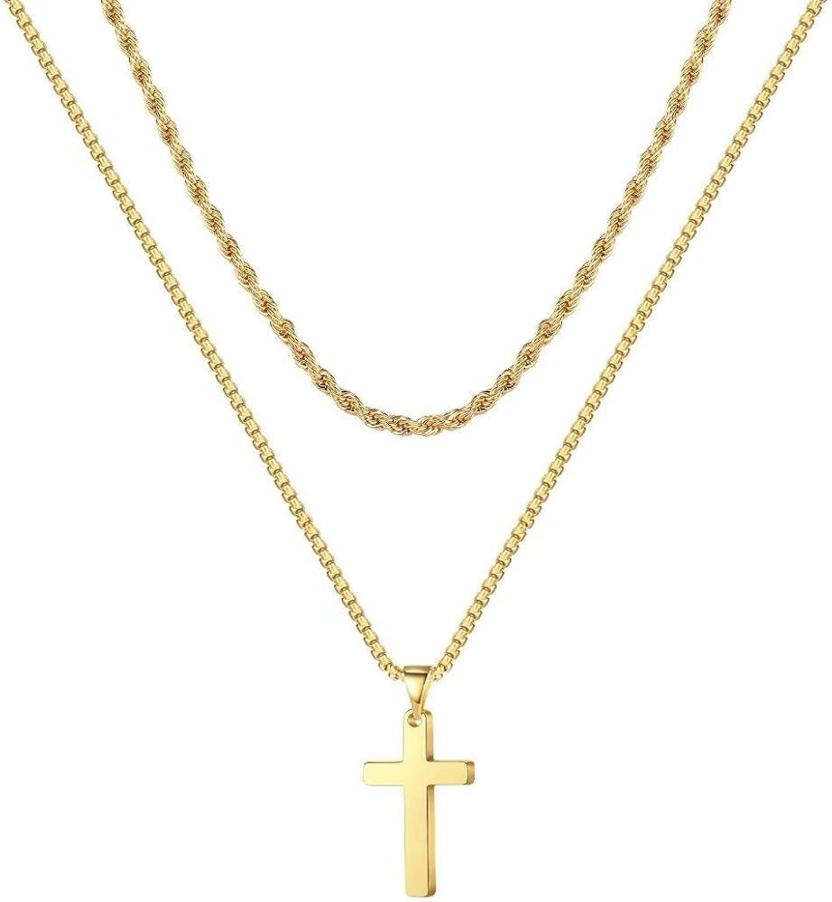 Cross Necklace for Men, Stainless Steel Silver Black Gold Layered Rope Chain Cross Pendant Neckla... | Amazon (US)