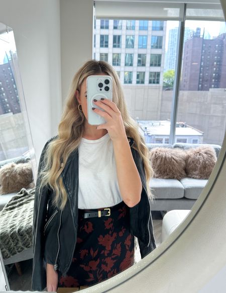 fall outfit
winter outfit 
leather jacket 
Madewell jacket
Black jacket
White tee
Kathleen post collection 
Midi skirt 

#LTKxMadewell#LTKHoliday

#LTKworkwear #LTKparties