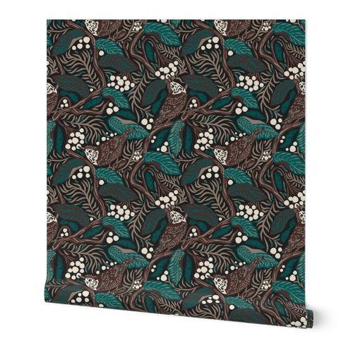 vivid forest | East Fork Forest Birds | maximalist decor Earthy autumnal tones: Night Swim, Molasses, Morel and Black Mountain | Teal green, Deep cool brown, Charcoal black Gold taupe and white cream | woodland moody dark forest - white berries | Extra L | Spoonflower