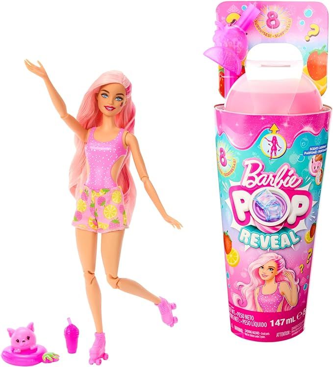 Barbie Pop Reveal Doll & Accessories, Strawberry Lemonade Scent with Pink Hair, 8 Surprises Inclu... | Amazon (US)