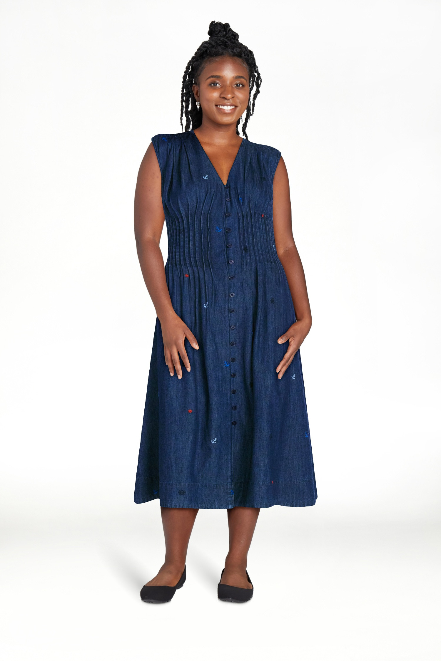 Free Assembly Women's Sleeveless Embroidered Denim V-Neck Midi Dress, Sizes XS-4X | Walmart (US)