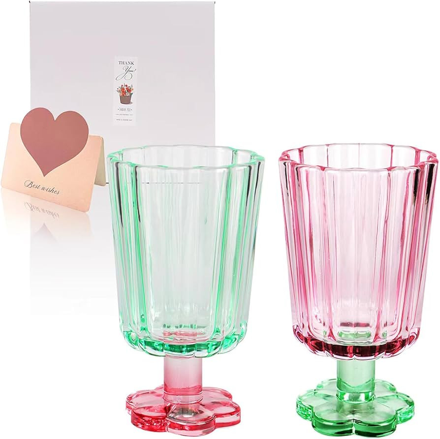 9.1 Oz Wine Glasses Set Of 2，Flower Base Stemware, Heavy Duty Vintage Wine Glasses，Cute Wine ... | Amazon (US)