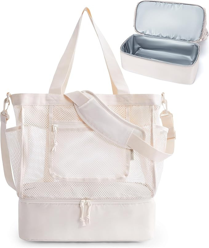 BAGSMART Beach Bag for Women, Mesh Tote Bags with Zipper, Sandproof Vacation Essentials with Cool... | Amazon (US)