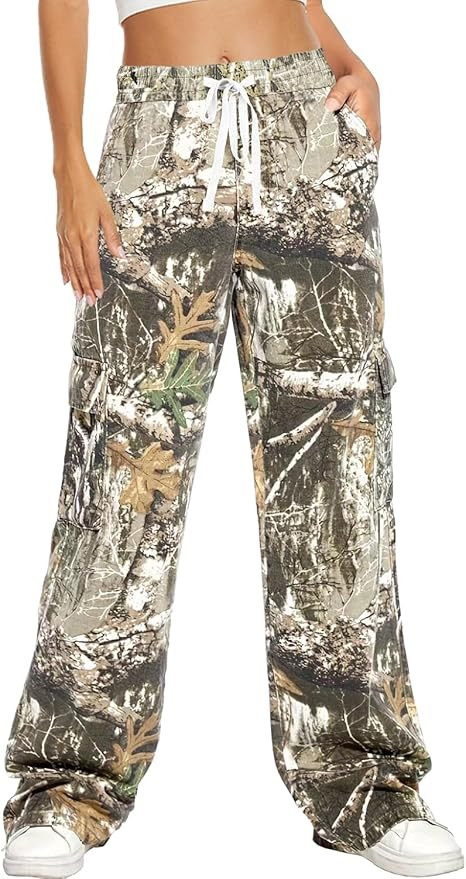 HVEPUO Camo Pants Women High Waisted Wide Leg Casual Y2K Camoflage Cargo Pants Baggy Elastic Wais... | Amazon (US)