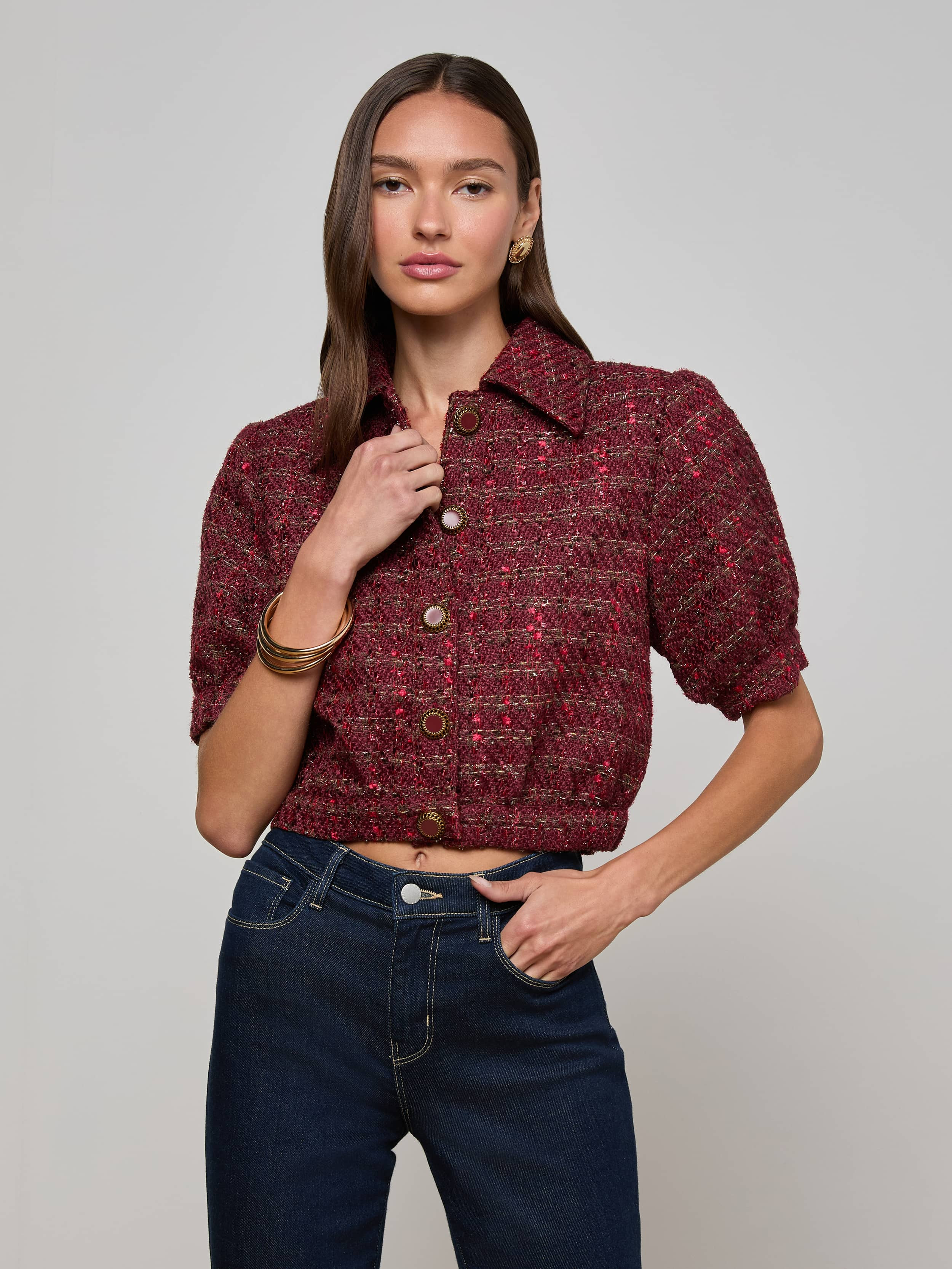 Cove Cropped Tweed Jacket in Brown/Black Cherry Multi Tweed | L'AGENCE | L'Agence
