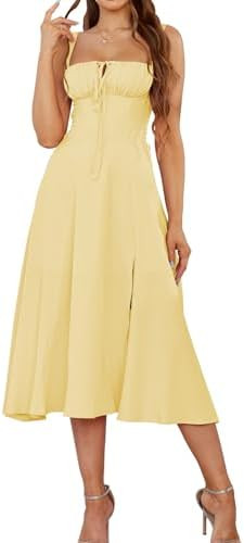 Floral Midi Corset Dress Wedding Guest Flowy Slit Lace Up Dresses for Women Tea Party A Line Casu... | Amazon (US)