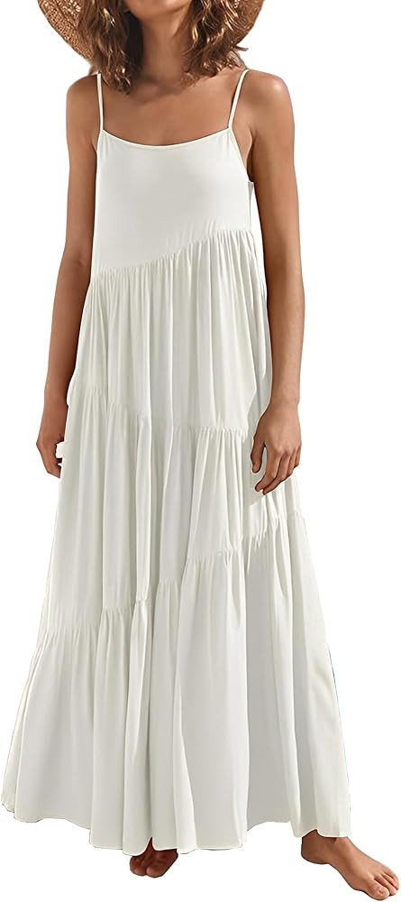 LCRRRN Womens Summer Dresses Loose Sleeveless Spaghetti Strap Asymmetric Tiered Maxi Dress | Amazon (US)