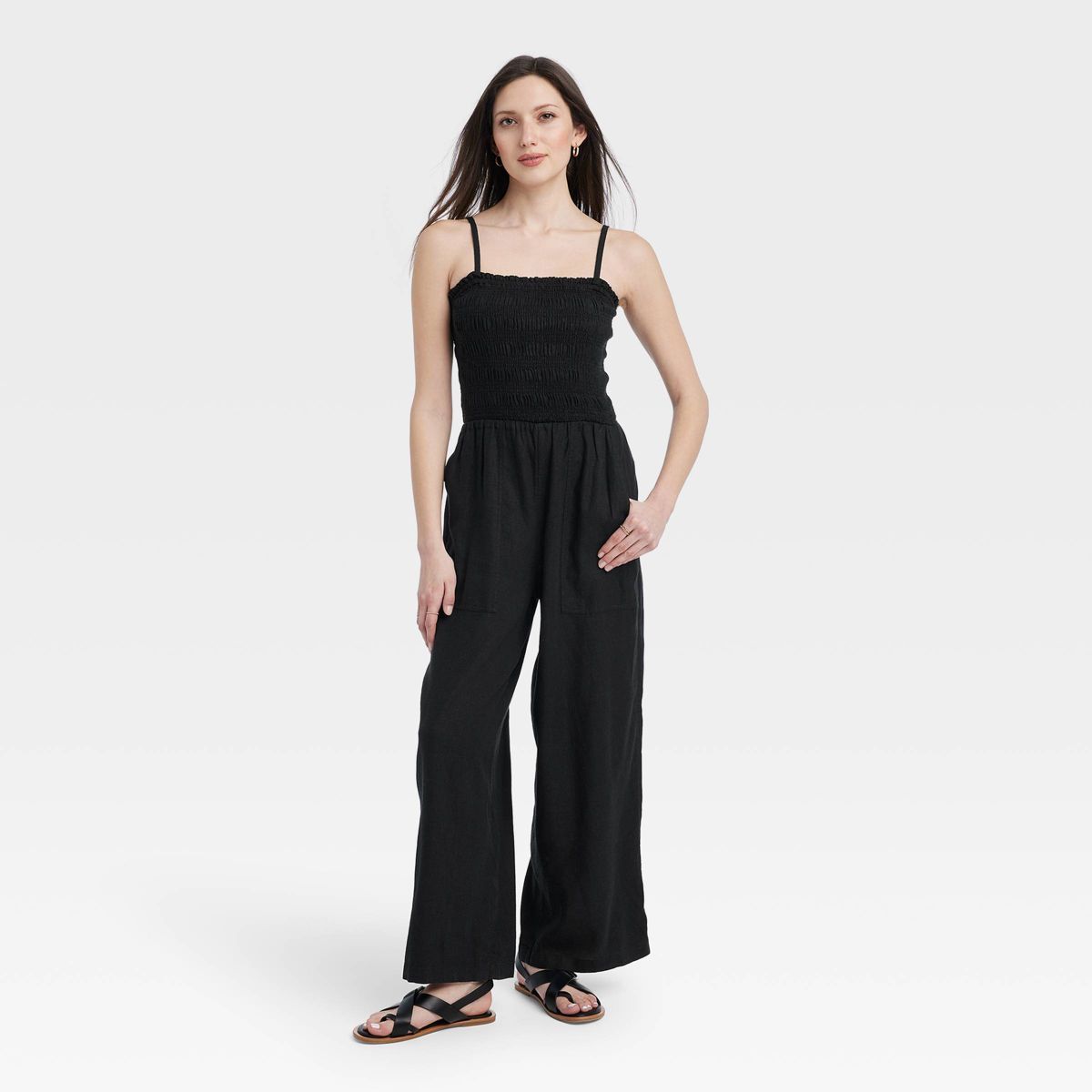 Women's Smocked Linen Maxi Jumpsuit - Universal Thread™ Black XS | Target